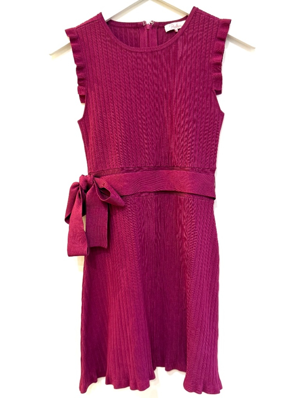 Parker Knit Spring Dress Pink Purple Ruffle Belted Scallop Sleeveless XS NEW